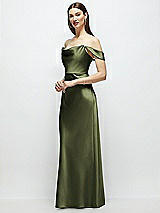Side View Thumbnail - Olive Green Basque-Neck A-Line Stretch Satin Maxi Dress with Off-the-Shoulder Drape