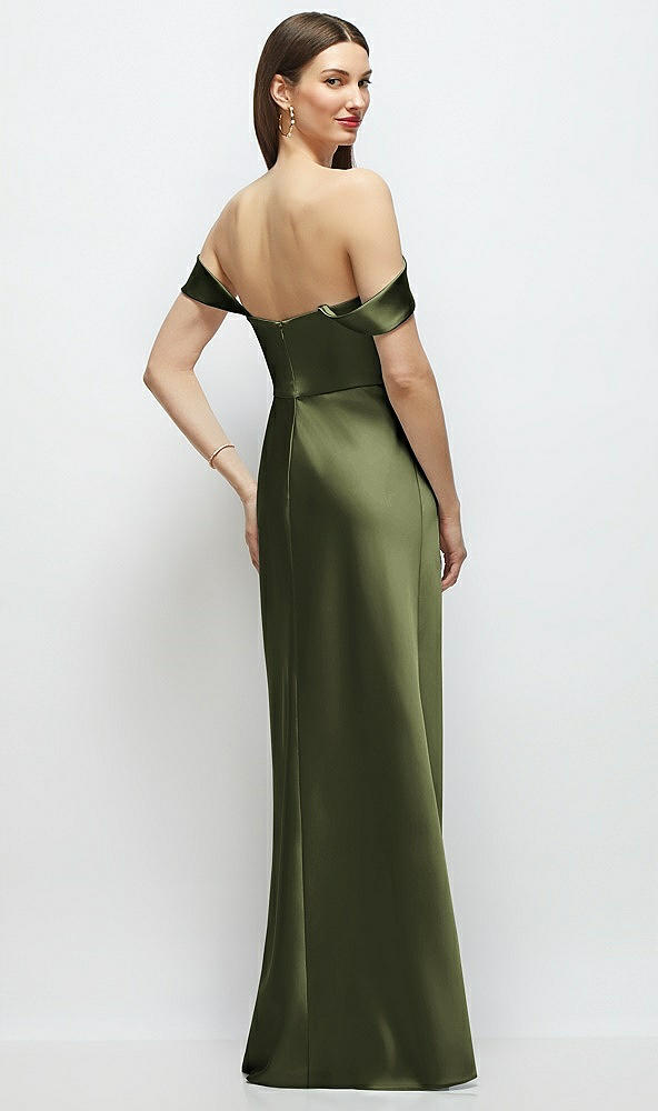 Back View - Olive Green Basque-Neck A-Line Stretch Satin Maxi Dress with Off-the-Shoulder Drape