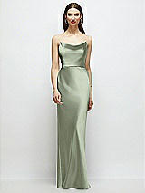 Alt View 1 Thumbnail - Sage Basque-Neck A-Line Stretch Satin Maxi Dress with Off-the-Shoulder Drape