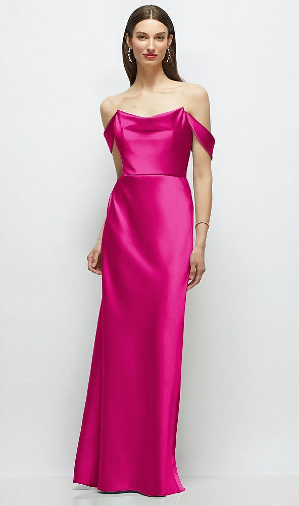 Front View - Think Pink Basque-Neck A-Line Stretch Satin Maxi Dress with Off-the-Shoulder Drape