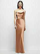 Alt View 1 Thumbnail - Toffee Basque-Neck A-Line Stretch Satin Maxi Dress with Off-the-Shoulder Drape