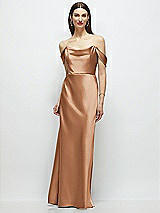 Front View Thumbnail - Toffee Basque-Neck A-Line Stretch Satin Maxi Dress with Off-the-Shoulder Drape