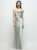 Alt View 1 Thumbnail - Willow Green Basque-Neck A-Line Stretch Satin Maxi Dress with Off-the-Shoulder Drape