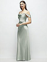 Side View Thumbnail - Willow Green Basque-Neck A-Line Stretch Satin Maxi Dress with Off-the-Shoulder Drape
