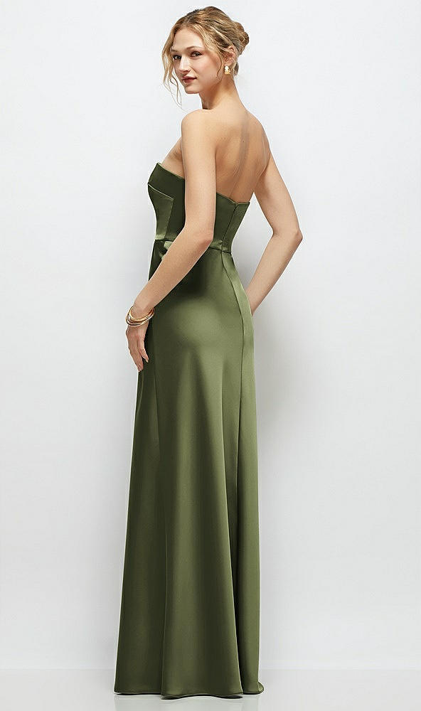 Back View - Olive Green Strapless A-Line Stretch Satin Maxi Dress