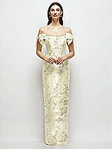 Front View Thumbnail - Butter Yellow Floral Basque-Neck Floral Satin Column Maxi Dress with Off-the-Shoulder Bows
