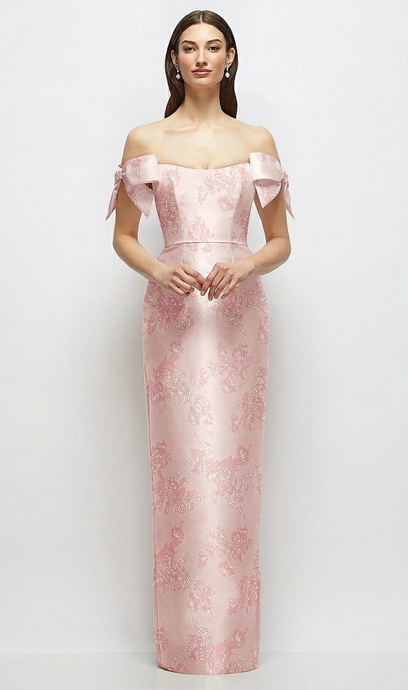Front View - Bow And Blossom Print Basque-Neck Floral Satin Column Maxi Dress with Off-the-Shoulder Bows