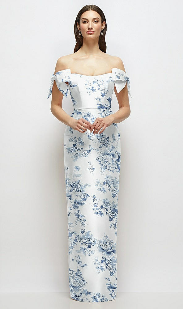 Front View - Cottage Rose Larkspur Basque-Neck Floral Satin Column Maxi Dress with Off-the-Shoulder Bows