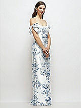 Side View Thumbnail - Cottage Rose Larkspur Basque-Neck Floral Satin Column Maxi Dress with Off-the-Shoulder Bows