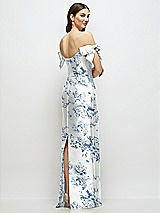 Rear View Thumbnail - Cottage Rose Larkspur Basque-Neck Floral Satin Column Maxi Dress with Off-the-Shoulder Bows