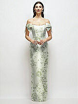 Front View Thumbnail - Sage Cottage Rose Basque-Neck Floral Satin Column Maxi Dress with Off-the-Shoulder Bows