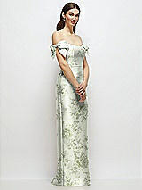 Side View Thumbnail - Sage Cottage Rose Basque-Neck Floral Satin Column Maxi Dress with Off-the-Shoulder Bows
