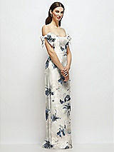Side View Thumbnail - Inkwash Blue Floral Basque-Neck Floral Satin Column Maxi Dress with Off-the-Shoulder Bows