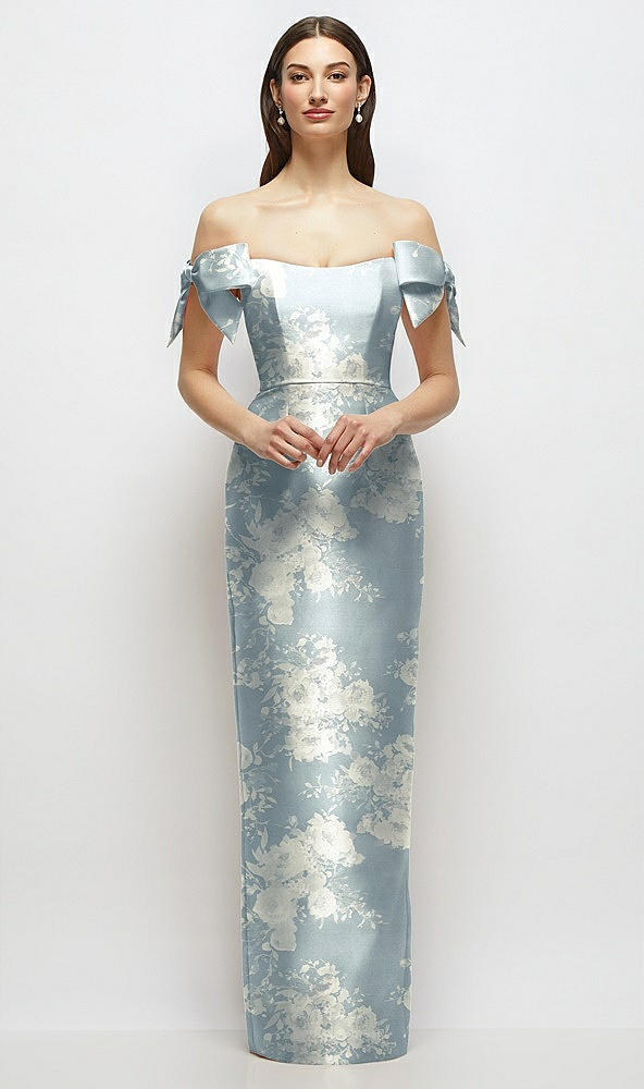 Front View - Porcelain Blue Seraphina Floral Basque-Neck Floral Satin Column Maxi Dress with Off-the-Shoulder Bows