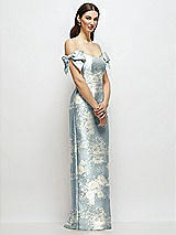 Side View Thumbnail - Porcelain Blue Seraphina Floral Basque-Neck Floral Satin Column Maxi Dress with Off-the-Shoulder Bows