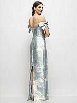 Rear View Thumbnail - Porcelain Blue Seraphina Floral Basque-Neck Floral Satin Column Maxi Dress with Off-the-Shoulder Bows