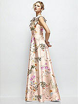 Side View Thumbnail - Butterfly Botanica Pink Sand Deep V-Neck Floral Satin Ball Gown with Shoulder Bows