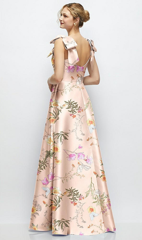 Back View - Butterfly Botanica Pink Sand Deep V-Neck Floral Satin Ball Gown with Shoulder Bows