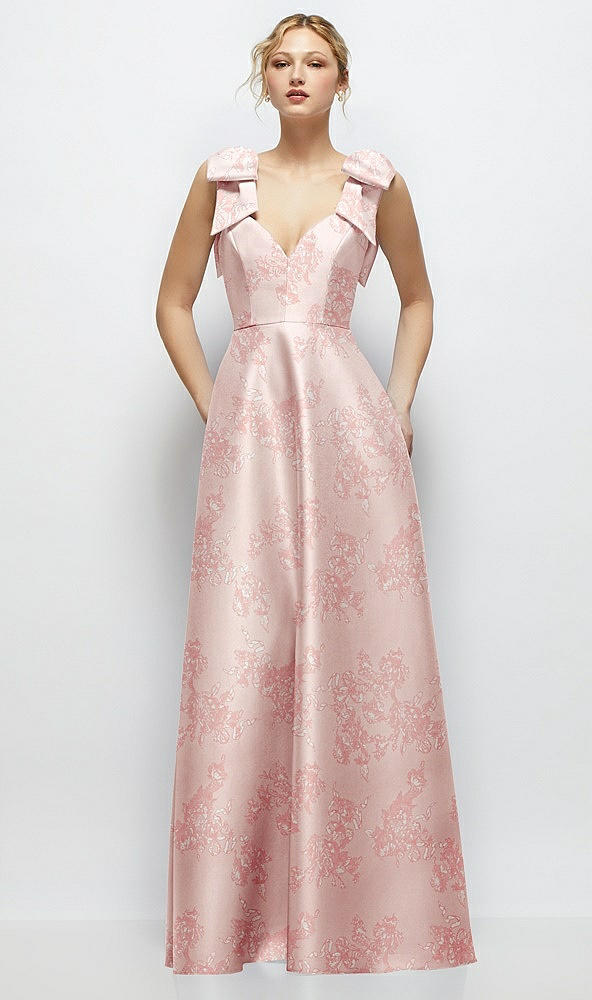Front View - Bow And Blossom Print Deep V-Neck Floral Satin Ball Gown with Shoulder Bows
