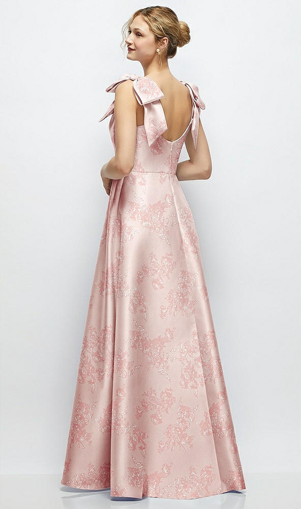 Back View - Bow And Blossom Print Deep V-Neck Floral Satin Ball Gown with Shoulder Bows