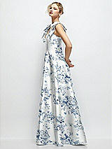 Side View Thumbnail - Cottage Rose Larkspur Deep V-Neck Floral Satin Ball Gown with Shoulder Bows