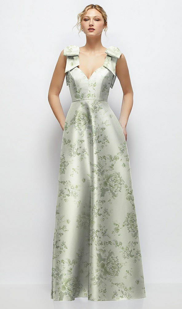 Front View - Sage Cottage Rose Deep V-Neck Floral Satin Ball Gown with Shoulder Bows