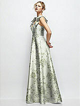 Side View Thumbnail - Sage Cottage Rose Deep V-Neck Floral Satin Ball Gown with Shoulder Bows