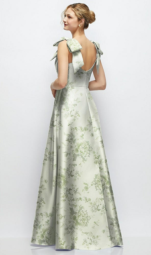 Back View - Sage Cottage Rose Deep V-Neck Floral Satin Ball Gown with Shoulder Bows