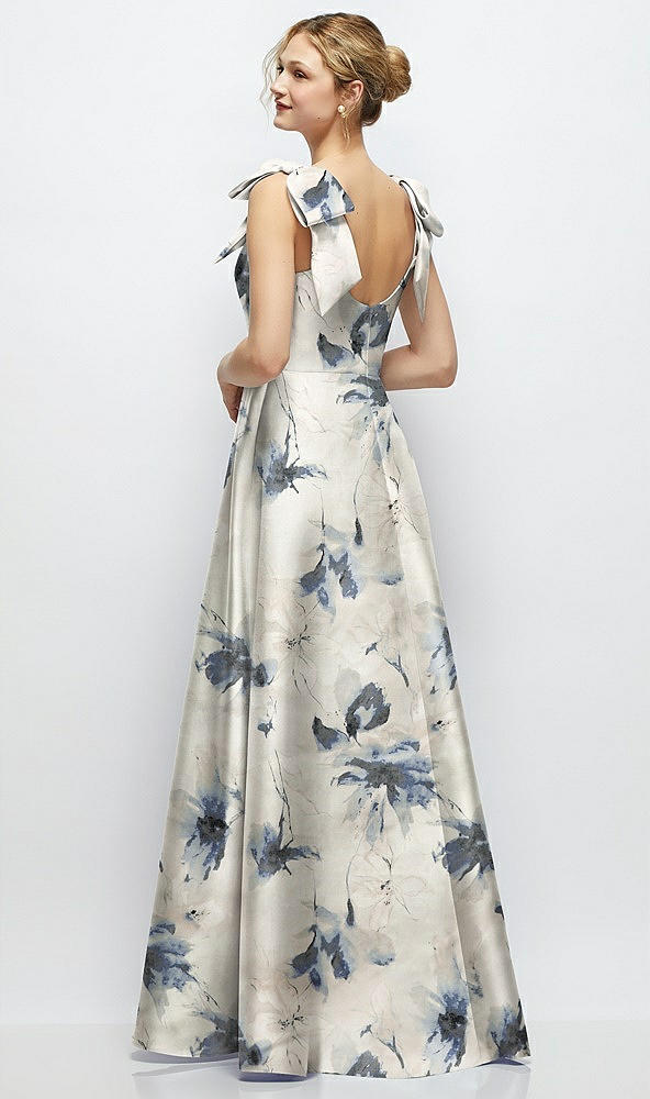 Back View - Inkwash Blue Floral Deep V-Neck Floral Satin Ball Gown with Shoulder Bows