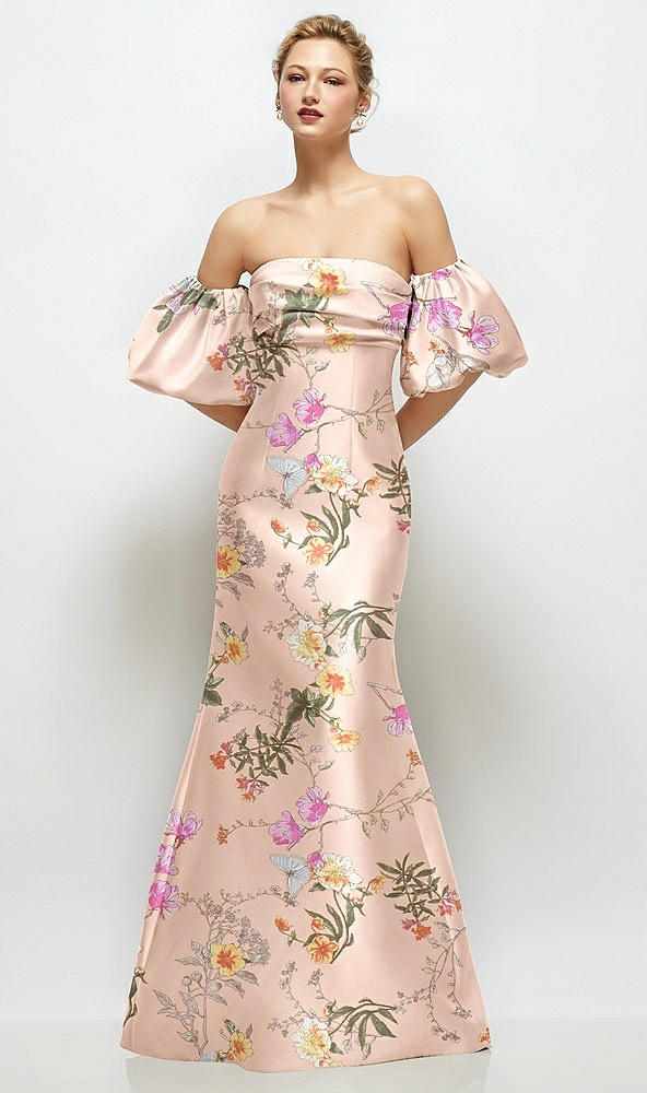 Front View - Butterfly Botanica Pink Sand Off-the-Shoulder Puff Sleeve Floral Satin Maxi Dress with Flared Skirt