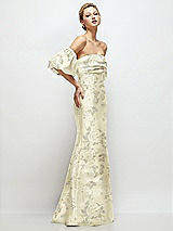 Side View Thumbnail - Butter Yellow Floral Off-the-Shoulder Puff Sleeve Floral Satin Maxi Dress with Flared Skirt
