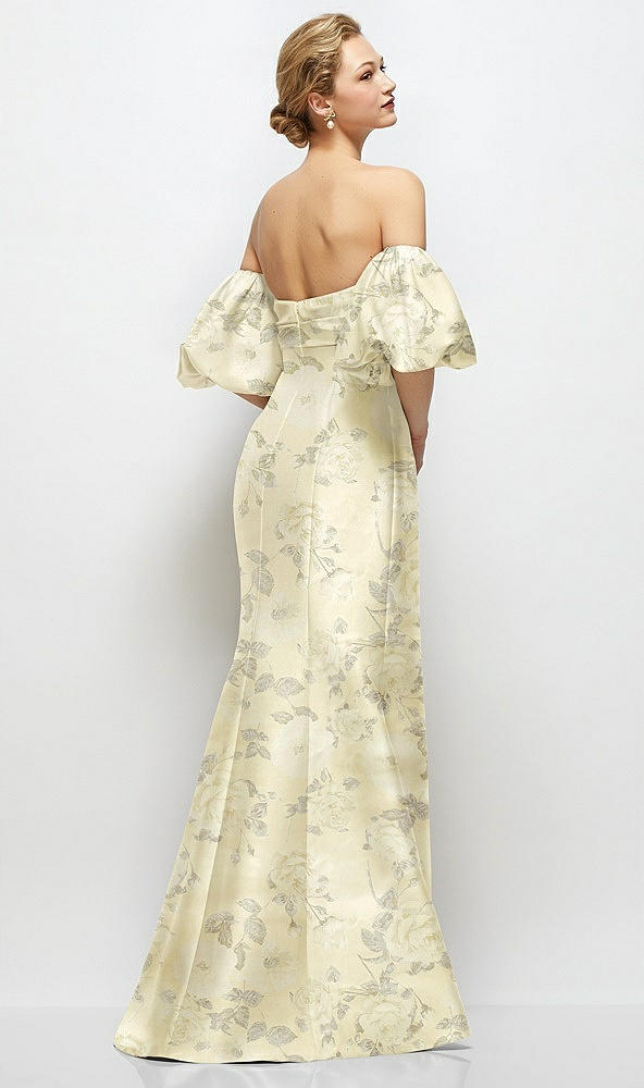 Back View - Butter Yellow Floral Off-the-Shoulder Puff Sleeve Floral Satin Maxi Dress with Flared Skirt