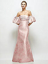 Front View Thumbnail - Bow And Blossom Print Off-the-Shoulder Puff Sleeve Floral Satin Maxi Dress with Flared Skirt