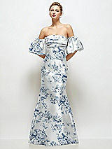 Front View Thumbnail - Cottage Rose Larkspur Off-the-Shoulder Puff Sleeve Floral Satin Maxi Dress with Flared Skirt