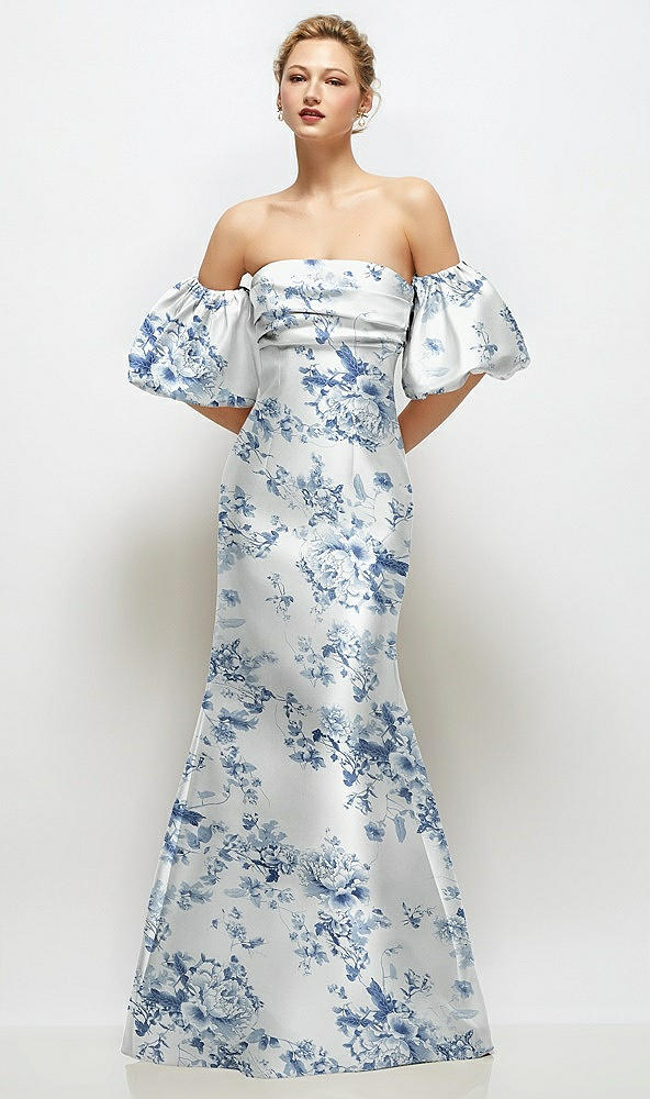 Front View - Cottage Rose Larkspur Off-the-Shoulder Puff Sleeve Floral Satin Maxi Dress with Flared Skirt
