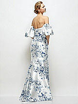 Rear View Thumbnail - Cottage Rose Larkspur Off-the-Shoulder Puff Sleeve Floral Satin Maxi Dress with Flared Skirt