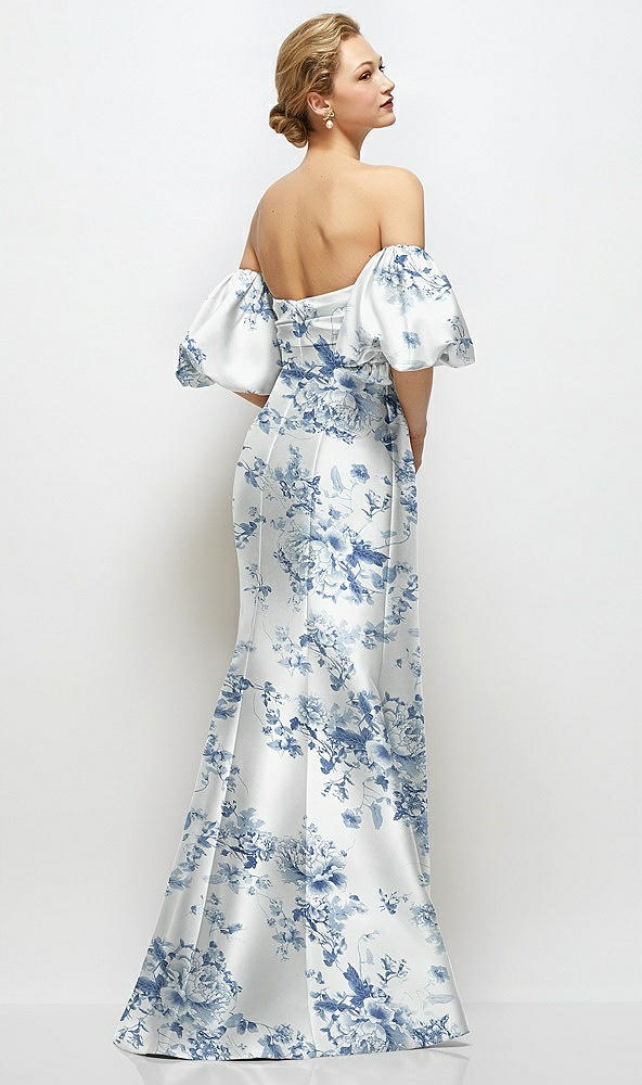 Back View - Cottage Rose Larkspur Off-the-Shoulder Puff Sleeve Floral Satin Maxi Dress with Flared Skirt