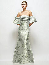Front View Thumbnail - Sage Cottage Rose Off-the-Shoulder Puff Sleeve Floral Satin Maxi Dress with Flared Skirt