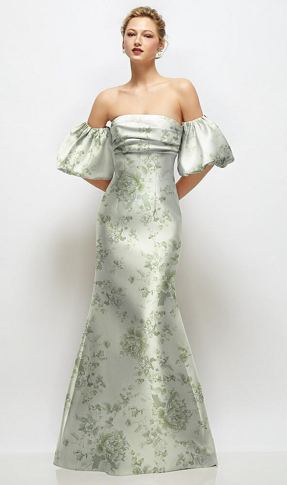 Front View - Sage Cottage Rose Off-the-Shoulder Puff Sleeve Floral Satin Maxi Dress with Flared Skirt