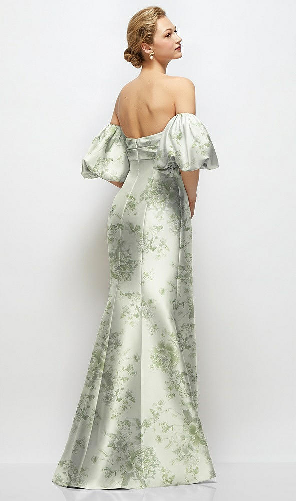 Back View - Sage Cottage Rose Off-the-Shoulder Puff Sleeve Floral Satin Maxi Dress with Flared Skirt