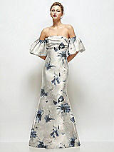 Front View Thumbnail - Inkwash Blue Floral Off-the-Shoulder Puff Sleeve Floral Satin Maxi Dress with Flared Skirt
