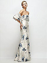 Side View Thumbnail - Inkwash Blue Floral Off-the-Shoulder Puff Sleeve Floral Satin Maxi Dress with Flared Skirt