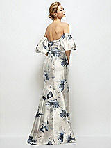 Rear View Thumbnail - Inkwash Blue Floral Off-the-Shoulder Puff Sleeve Floral Satin Maxi Dress with Flared Skirt