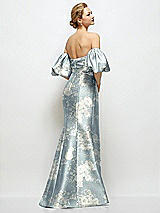 Rear View Thumbnail - Porcelain Blue Seraphina Floral Off-the-Shoulder Puff Sleeve Floral Satin Maxi Dress with Flared Skirt