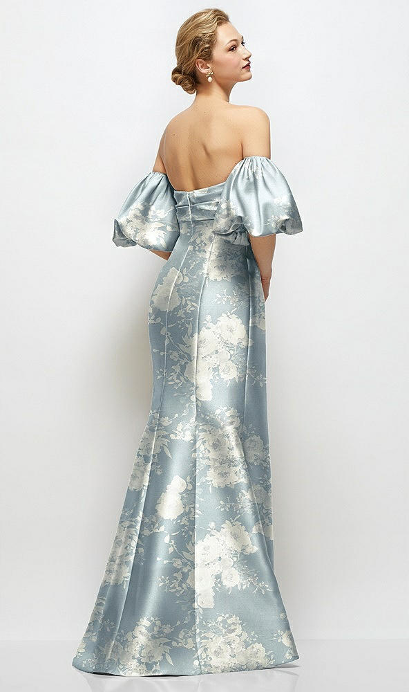 Back View - Porcelain Blue Seraphina Floral Off-the-Shoulder Puff Sleeve Floral Satin Maxi Dress with Flared Skirt