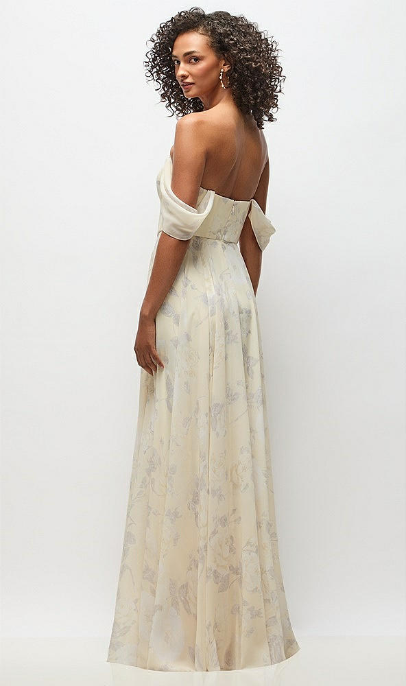 Back View - Butter Yellow Floral Off-the-Shoulder Basque Corset Floral Chiffon Maxi Dress