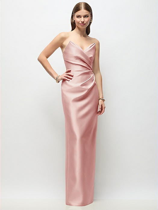 Strapless Asymmetrical Draped Satin Column Maxi Dress