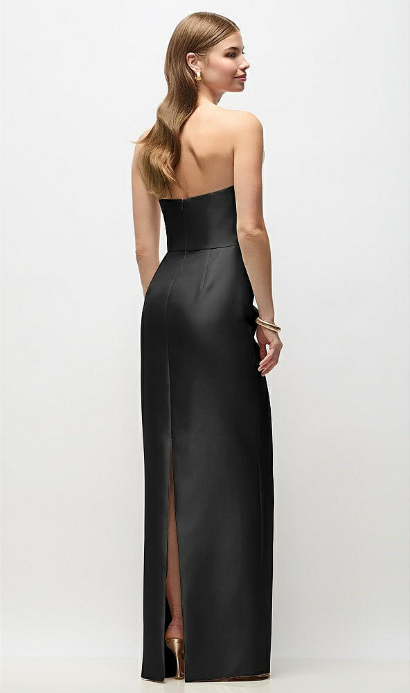 Back View - Black Strapless Asymmetrical Draped Satin Column Maxi Dress