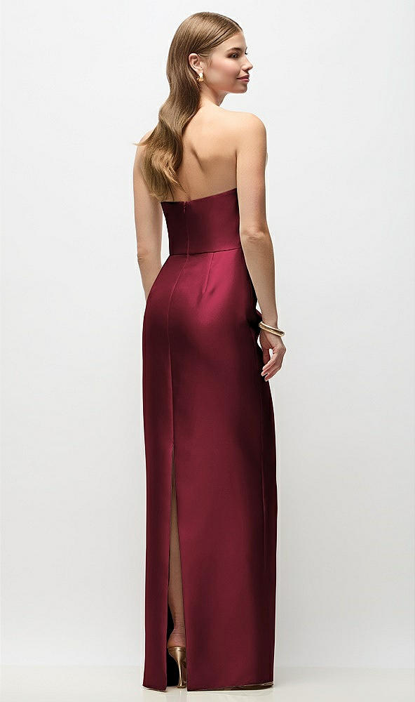 Back View - Cabernet Strapless Asymmetrical Draped Satin Column Maxi Dress