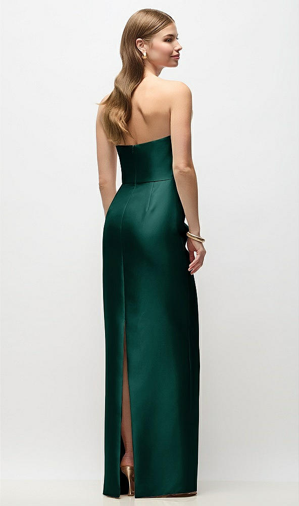 Back View - Evergreen Strapless Asymmetrical Draped Satin Column Maxi Dress